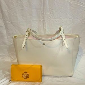 Cream Tory Burch Tote with Canary Yellow Pebble Leather Wallet